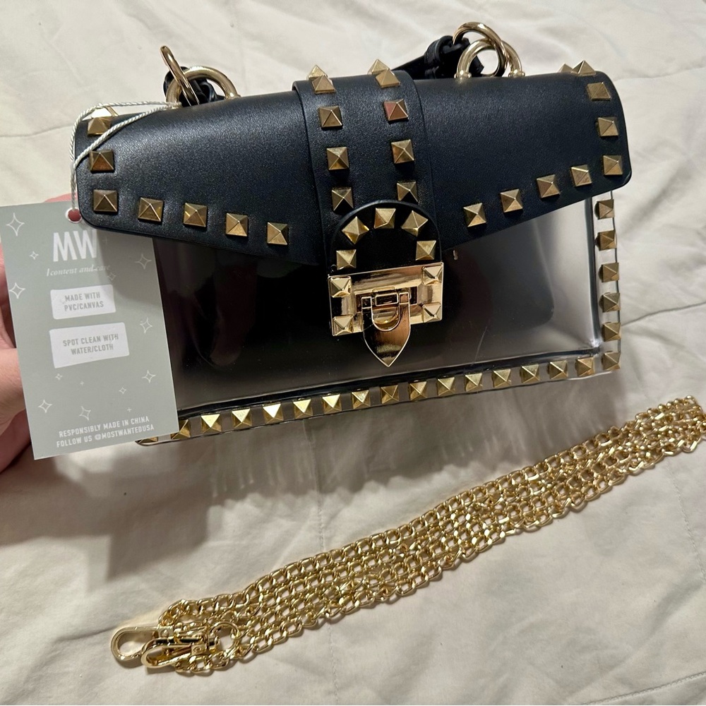 Clear and black gold studded crossbody bag